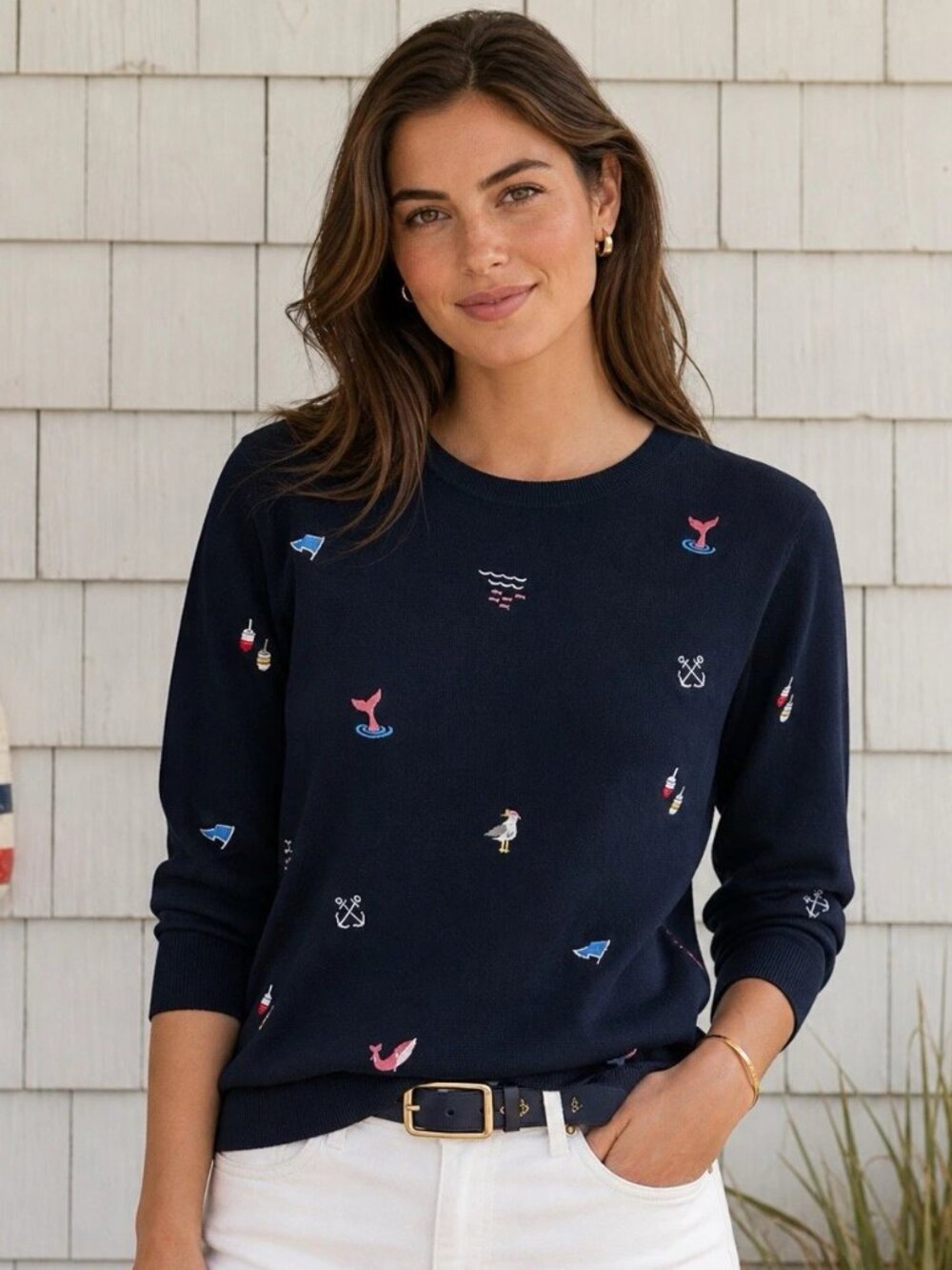Talbots Nautical Embroidered Sweater Navy Whale Anchor Buoy 3/4 Sleeve XS